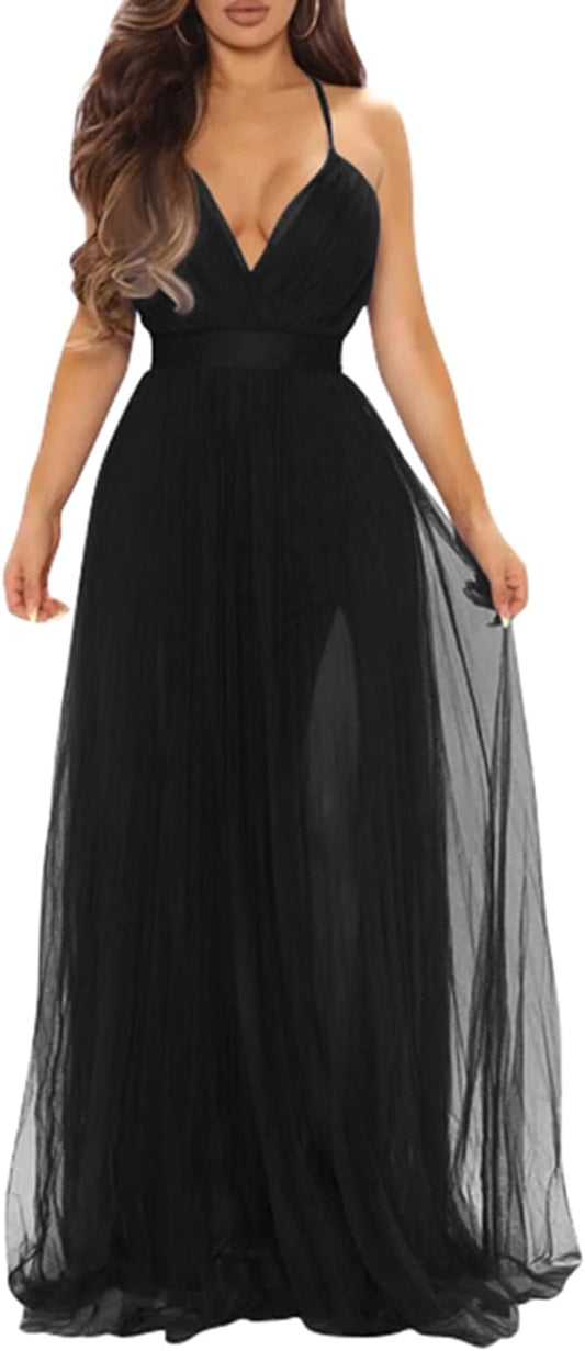 Women'S Sexy Deep V Neck Split Cocktail Party Formal Bridesmaid Maxi Dress